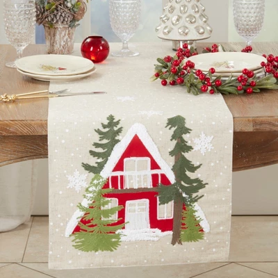 Saro Lifestyle Cozy Christmas Cottage Table Runner, 16"x70", Beige 2 Saro Lifestyle Cozy Christmas Cottage Table Runner, 16"x70", Beige - Image 2