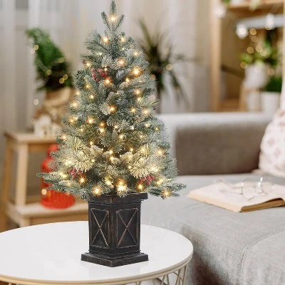 3 Ft Prelit Artificial Christmas Tree, Potted Fake Snow Flocked Christmas Tree With 78 LED Lights, Small Tabletop Battery-Powered Lighted Xmas Tree 2 3 Ft Prelit Artificial Christmas Tree, Potted Fake Snow Flocked Christmas Tree With 78 LED Lights, Small Tabletop Battery-Powered Lighted Xmas Tree - Image 2