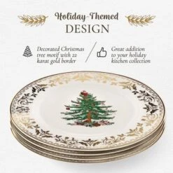 Spode Christmas Tree Gold Salad Plate, 8-Inch Porcelain Dinner & Appetizer Plate, Microwave & Dishwasher Safe, Festive Collectible Seasonal Plate