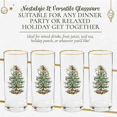 Spode Christmas Tree 15oz Highball Glasses, Set Of 4 - Gold-Rimmed Elegant Holiday-Themed Glassware, Festive Holiday Drinkware For Christmas Parties 3 Spode Christmas Tree 15oz Highball Glasses, Set Of 4 - Gold-Rimmed Elegant Holiday-Themed Glassware, Festive Holiday Drinkware For Christmas Parties - Image 3