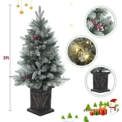 3 Ft Prelit Artificial Christmas Tree, Potted Fake Snow Flocked Christmas Tree With 78 LED Lights, Small Tabletop Battery-Powered Lighted Xmas Tree