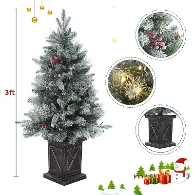 3 Ft Prelit Artificial Christmas Tree, Potted Fake Snow Flocked Christmas Tree With 78 LED Lights, Small Tabletop Battery-Powered Lighted Xmas Tree 1 3 Ft Prelit Artificial Christmas Tree, Potted Fake Snow Flocked Christmas Tree With 78 LED Lights, Small Tabletop Battery-Powered Lighted Xmas Tree