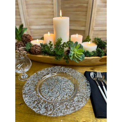 Essential Decor & Beyond 13.2" Modern Round Glass Charger With Silver Floral Pattern Set Of 4 1 Essential Decor & Beyond 13.2" Modern Round Glass Charger With Silver Floral Pattern Set Of 4