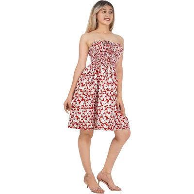 LA LEELA Women's Beach A Line Slit Smocked Mini Dress Ruched Tube Top Evening Short Strapless Casual Christmas Tree Dress For Women L-XL Red 4 LA LEELA Women's Beach A Line Slit Smocked Mini Dress Ruched Tube Top Evening Short Strapless Casual Christmas Tree Dress For Women L-XL Red - Image 4