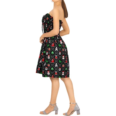 LA LEELA Women's Casual Beach A Line Slit Smocked Mini Dress Tube Top Evening Short Strapless Christmas Tree Dress For Women One Size Ebony Xmas Theme 1 LA LEELA Women's Casual Beach A Line Slit Smocked Mini Dress Tube Top Evening Short Strapless Christmas Tree Dress For Women One Size Ebony Xmas Theme