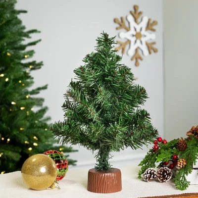 Northlight Mini Canadian Pine Artificial Christmas Tree With Faux Wood Base - 12" - Unlit 1 Northlight Mini Canadian Pine Artificial Christmas Tree With Faux Wood Base - 12" - Unlit