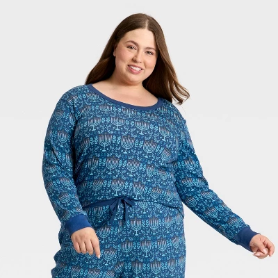 Women's Hanukkah Ribbed Long Sleeve Shirt And Pants Holiday Matching Family Pajama Set - Wondershop™ Blue 2 Women's Hanukkah Ribbed Long Sleeve Shirt And Pants Holiday Matching Family Pajama Set - Wondershop™ Blue - Image 2