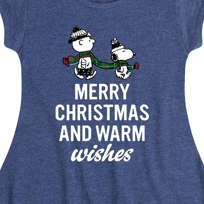 Girls' - Peanuts - Charlie Brown & Snoopy Merry Christmas Warm Wishes Fit & Flair Cap Sleeve Graphic Dress 1 Girls' - Peanuts - Charlie Brown & Snoopy Merry Christmas Warm Wishes Fit & Flair Cap Sleeve Graphic Dress