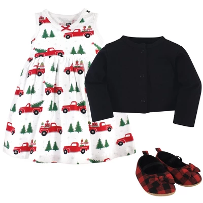 Hudson Baby Infant Girl Cotton Dress, Cardigan And Shoe 3pc Layette Set, Christmas Tree 1 Hudson Baby Infant Girl Cotton Dress, Cardigan And Shoe 3pc Layette Set, Christmas Tree