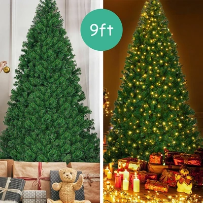 Costway Pre-Lit PVC Christmas Tree 9Ft Hinged 700 LED Lights Green 4 Costway Pre-Lit PVC Christmas Tree 9Ft Hinged 700 LED Lights Green - Image 4