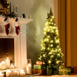 Costway 5ft Snow Flocked Unlit Pencil Christmas Tree Hinged Pine Cones