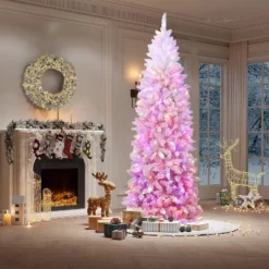 6ft/7.5ft/9ft Prelit Blue Gradient Snow Flocked Pencil Christmas Tree With 100 Dual-Color LEDs, 820 Tips & Metal Stand