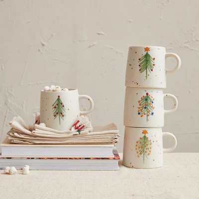 Storied Home Hand-Painted Speckled Stoneware Mugs With Christmas Tree, Multicolor, Set Of 4 2 Storied Home Hand-Painted Speckled Stoneware Mugs With Christmas Tree, Multicolor, Set Of 4 - Image 2