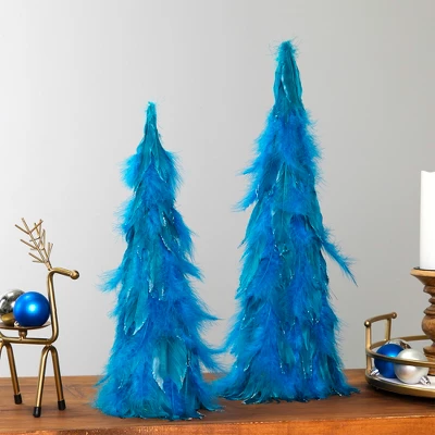 Northlight Small Two-Tone Layered Feathers Cone Tree Christmas Decoration - 16" - Turquoise 2 Northlight Small Two-Tone Layered Feathers Cone Tree Christmas Decoration - 16" - Turquoise - Image 2