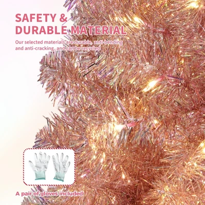 7.5 FT Prelit Artificial Christmas Tree,Rose Gold Tinsel Fake Christmas Tree W/Warm White LED Lights,Metal Stand&Branch Tips For Home, Office 7 7.5 FT Prelit Artificial Christmas Tree,Rose Gold Tinsel Fake Christmas Tree W/Warm White LED Lights,Metal Stand&Branch Tips For Home, Office - Image 7
