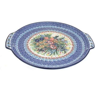 Blue Rose Polish Pottery 151 Ceramika Artystyczna Round Serving Tray With Handles 4 Blue Rose Polish Pottery 151 Ceramika Artystyczna Round Serving Tray With Handles - Image 4