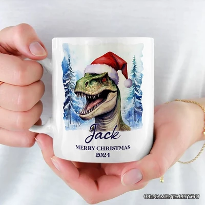 Dinosaur With Santa Hat Mug, Winter Forest Christmas Gift (Non-Custom Only)| OrnamentallyYou 3 Dinosaur With Santa Hat Mug, Winter Forest Christmas Gift (Non-Custom Only)| OrnamentallyYou - Image 3