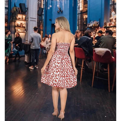 LA LEELA Women's Beach A Line Slit Smocked Mini Dress Ruched Tube Top Evening Short Strapless Casual Christmas Tree Dress For Women L-XL Red 3 LA LEELA Women's Beach A Line Slit Smocked Mini Dress Ruched Tube Top Evening Short Strapless Casual Christmas Tree Dress For Women L-XL Red - Image 3