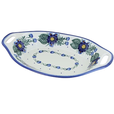 Blue Rose Polish Pottery 13G WR Unikat Oval Dish With Handles 2 Blue Rose Polish Pottery 13G WR Unikat Oval Dish With Handles - Image 2