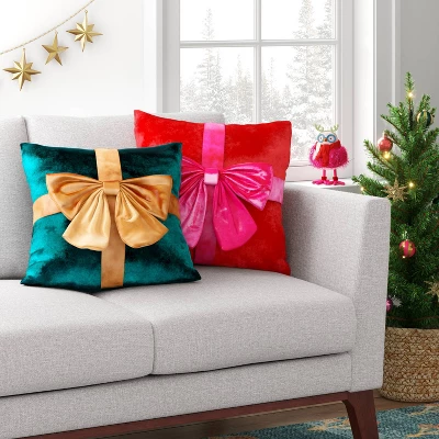 16" Christmas Red Square Pillow With Hot Pink Bow - Wondershop™ 1 16" Christmas Red Square Pillow With Hot Pink Bow - Wondershop™