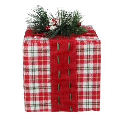 Northlight Plaid Gift Box With Pine Bow Christmas Decoration - 8" - Red And Green 1 Northlight Plaid Gift Box With Pine Bow Christmas Decoration - 8" - Red And Green