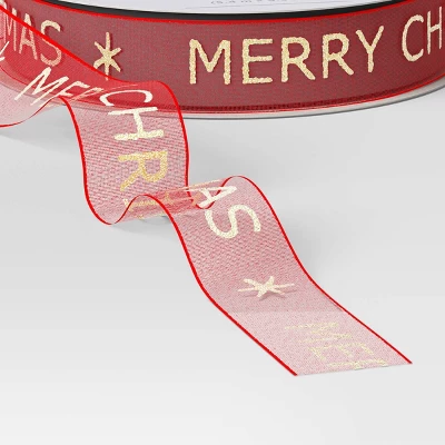 18' Christmas Fabric Ribbon Merry Christmas On Red Sheer - Wondershop™ 2 18' Christmas Fabric Ribbon Merry Christmas On Red Sheer - Wondershop™ - Image 2