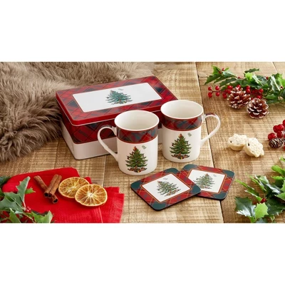 Spode Christmas Tree Tartan Mug & Coaster Set With Tin Box (5-Piece Set), Elegant Porcelain Mugs And Cork-Backed Coasters, Dishwasher & Microwave Safe 1 Spode Christmas Tree Tartan Mug & Coaster Set With Tin Box (5-Piece Set), Elegant Porcelain Mugs And Cork-Backed Coasters, Dishwasher & Microwave Safe