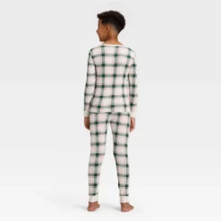 Kids' Plaid Ribbed Long Sleeve Shirt And Pants Holiday Matching Family Pajama Set - Wondershop⢠Cream