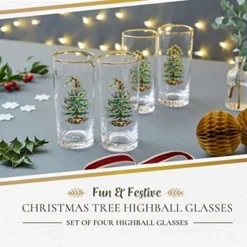 Spode Christmas Tree 15oz Highball Glasses, Set Of 4 - Gold-Rimmed Elegant Holiday-Themed Glassware, Festive Holiday Drinkware For Christmas Parties