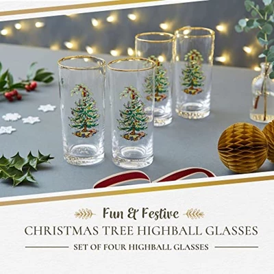Spode Christmas Tree 15oz Highball Glasses, Set Of 4 - Gold-Rimmed Elegant Holiday-Themed Glassware, Festive Holiday Drinkware For Christmas Parties 1 Spode Christmas Tree 15oz Highball Glasses, Set Of 4 - Gold-Rimmed Elegant Holiday-Themed Glassware, Festive Holiday Drinkware For Christmas Parties