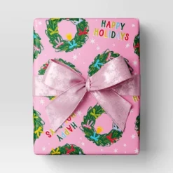 30â 20 Sq Ft Christmas Roll Wrap Happy Holidays And Wreaths On Pink - Wondershopâ˘