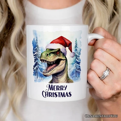 Dinosaur With Santa Hat Mug, Winter Forest Christmas Gift (Non-Custom Only)| OrnamentallyYou 2 Dinosaur With Santa Hat Mug, Winter Forest Christmas Gift (Non-Custom Only)| OrnamentallyYou - Image 2