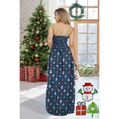 HAPPY BAY Women's A Line Slit Maxi Casual Beach Vacation Dress Tube Top Evening Long Strapless Christmas Holiday Dresses For Women L-XL Gifts Navy