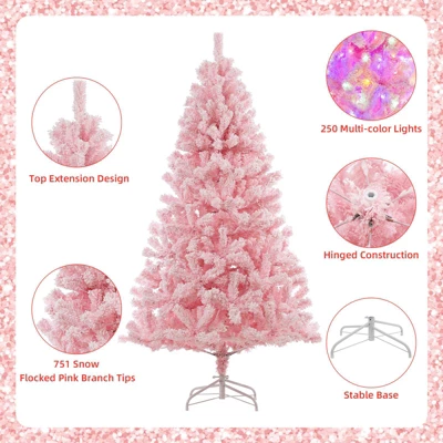 6 Ft Pink Pre-Lit Artificial Christmas Tree Snow Flocked Holiday Hinged Xmas Tree With 250 Multi-Color Led Lights 751 Branch Tips Artificial Pine Chr 1 6 Ft Pink Pre-Lit Artificial Christmas Tree Snow Flocked Holiday Hinged Xmas Tree With 250 Multi-Color Led Lights 751 Branch Tips Artificial Pine Chr