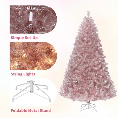 7.5 FT Prelit Artificial Christmas Tree,Rose Gold Tinsel Fake Christmas Tree W/Warm White LED Lights,Metal Stand&Branch Tips For Home, Office 4 7.5 FT Prelit Artificial Christmas Tree,Rose Gold Tinsel Fake Christmas Tree W/Warm White LED Lights,Metal Stand&Branch Tips For Home, Office - Image 4