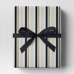 30â 90 Sq Ft Christmas Roll Wrap Blush/Black/Gold Stripes On Cream - Wondershopâ˘
