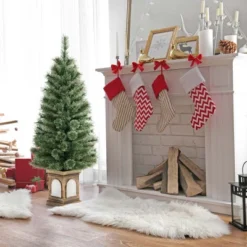 Costway 4 FT Pre-Lit Potted Christmas Tree Pine Needles 3 Dynamic Modes Remote Control