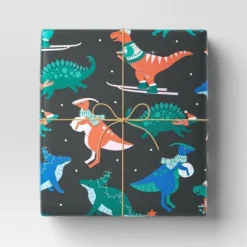30" 50 Sq Ft Christmas Roll Wrap Dinosaurs On Black - Wondershopâ˘