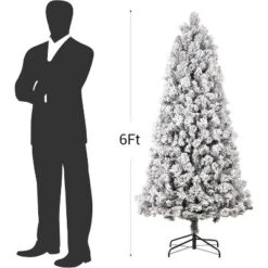 Artificial Christmas Tree With White Lights & Foldabe Metal Stand, Flocked Christmas Pine Trees For Home, Holiday Decoration