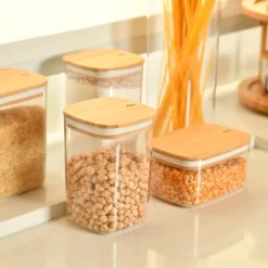 OU Airtight Food Storage Container Set 8pc (set Of 4) Clear Plastic Storage Container W Leak Proof Bamboo Lid, Stackable Kitchen Pantry Organizer Jars