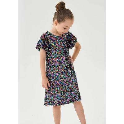 2Bunnies Girls' Christmas New Year's Colorful Stardust Sequin Dress Puff Sleeve 2 2Bunnies Girls' Christmas New Year's Colorful Stardust Sequin Dress Puff Sleeve - Image 2