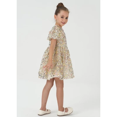 2Bunnies Christmas New Year Holiday Girl Gold Shimmer Sparkle Sequin Dress Puff Sleeve 5 2Bunnies Christmas New Year Holiday Girl Gold Shimmer Sparkle Sequin Dress Puff Sleeve - Image 5