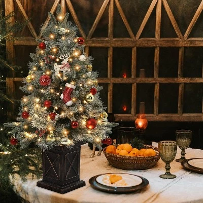 3 Ft Prelit Artificial Christmas Tree, Potted Fake Snow Flocked Christmas Tree With 78 LED Lights, Small Tabletop Battery-Powered Lighted Xmas Tree 6 3 Ft Prelit Artificial Christmas Tree, Potted Fake Snow Flocked Christmas Tree With 78 LED Lights, Small Tabletop Battery-Powered Lighted Xmas Tree - Image 6