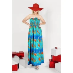 LA LEELA Women's A Line Slit Smocked Maxi Casual Beach Dress Tube Top Evening Long Strapless Christmas Tree Outfits For Women L-XL Blue