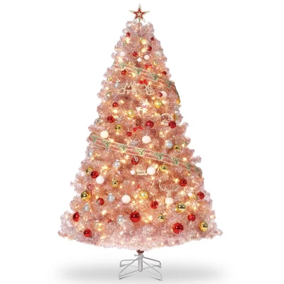 7.5 FT Prelit Artificial Christmas Tree,Rose Gold Tinsel Fake Christmas Tree W/Warm White LED Lights,Metal Stand&Branch Tips For Home, Office 5 7.5 FT Prelit Artificial Christmas Tree,Rose Gold Tinsel Fake Christmas Tree W/Warm White LED Lights,Metal Stand&Branch Tips For Home, Office - Image 5
