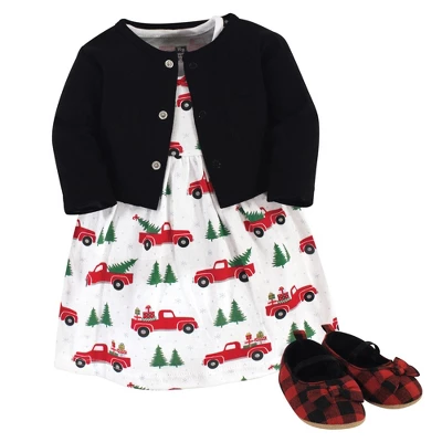 Hudson Baby Infant Girl Cotton Dress, Cardigan And Shoe 3pc Layette Set, Christmas Tree 5 Hudson Baby Infant Girl Cotton Dress, Cardigan And Shoe 3pc Layette Set, Christmas Tree - Image 5