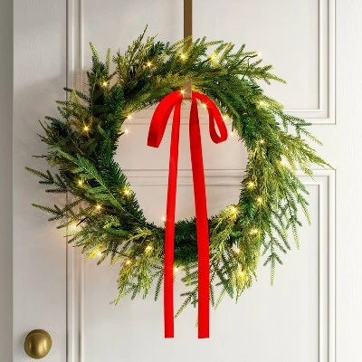 28" Christmas Led Mixed Norfolk And Cedar Wreath With Red Velvet Bow - Wondershop™ 1 28" Christmas Led Mixed Norfolk And Cedar Wreath With Red Velvet Bow - Wondershop™