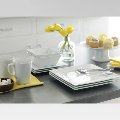 16pc Porcelain Square Dinnerware Set White - Threshold™: Microwave & Dishwasher Safe, Service For 4, Traditional Style 2 16pc Porcelain Square Dinnerware Set White - Threshold™: Microwave & Dishwasher Safe, Service For 4, Traditional Style - Image 2