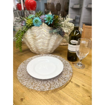 Essential Decor & Beyond 13.2" Modern Round Glass Charger With Silver Floral Pattern Set Of 4 3 Essential Decor & Beyond 13.2" Modern Round Glass Charger With Silver Floral Pattern Set Of 4 - Image 3