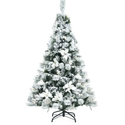 Costway 5ft/6ft/7ft/8ft Snow Flocked Hinged Christmas Tree W/ Berries & Poinsettia Flowers 9 Costway 5ft/6ft/7ft/8ft Snow Flocked Hinged Christmas Tree W/ Berries & Poinsettia Flowers - Image 9